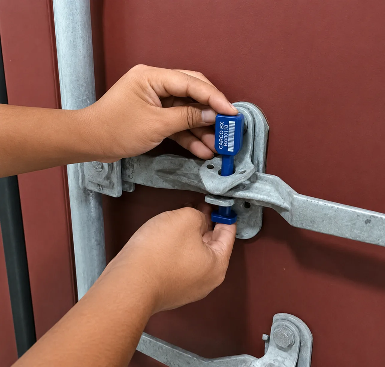 Precinto de seguridad instalado en la puerta de un contenedor rojo