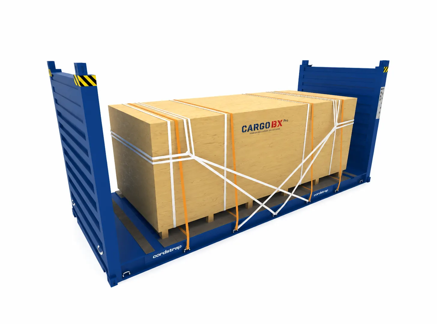 Caja de madera asegurada en flat rack con trincaje Cordstrap